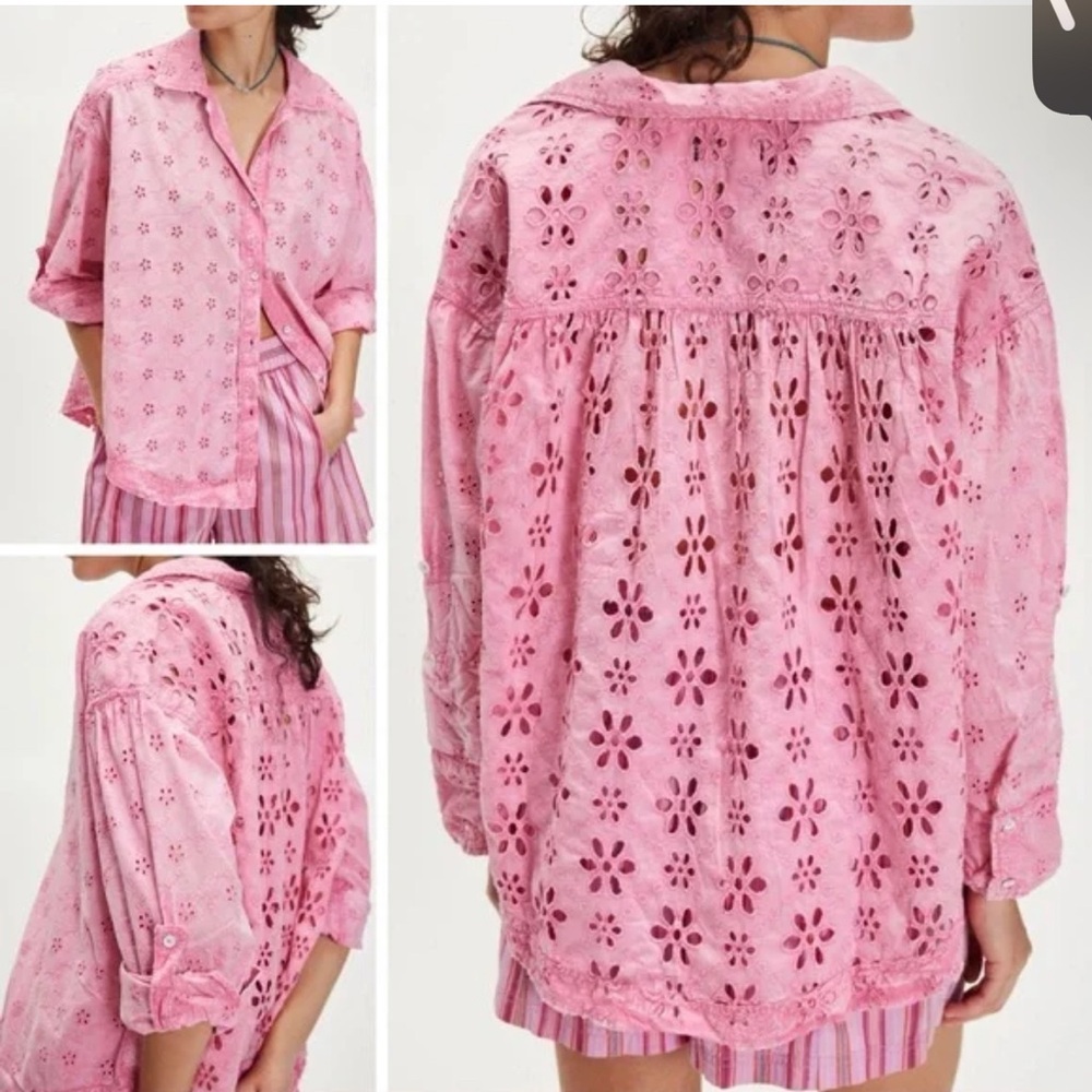 Free People We The Free Mae Washed Eyelet Shirt in Pink Medium NWOT